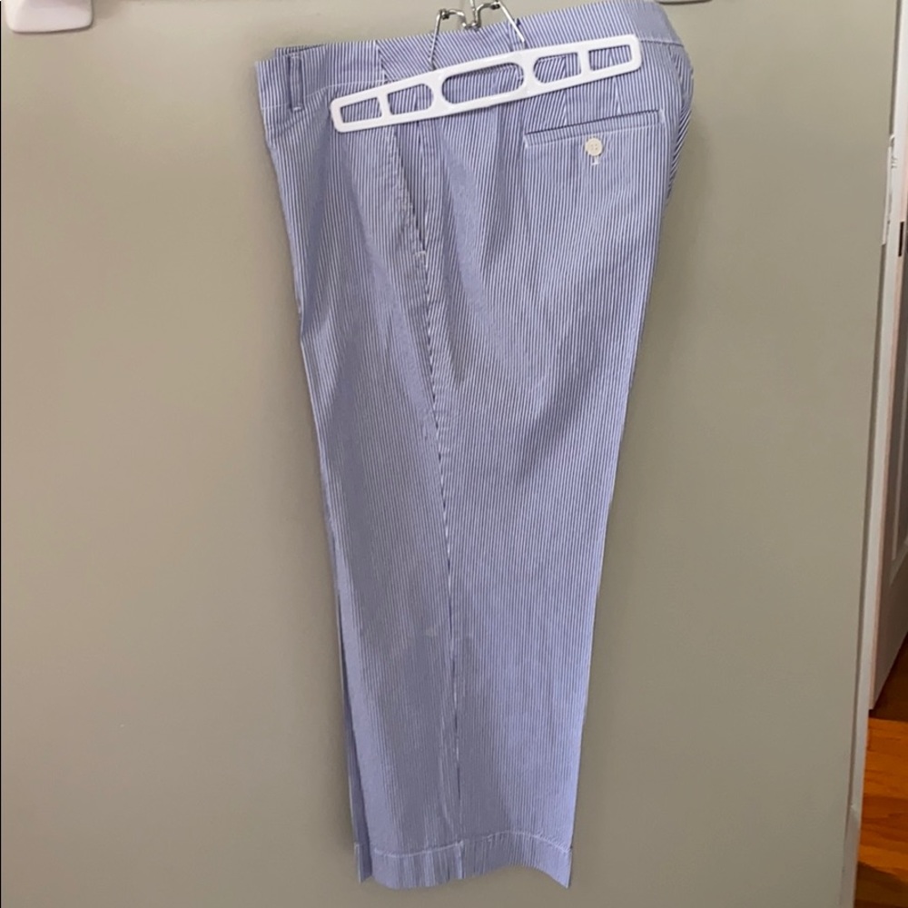Blue and white seersucker crop pants